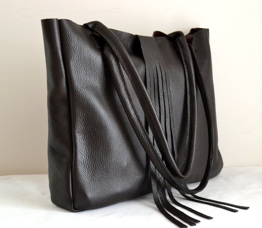 Leather Tote Laptop Bag Genuine Cow Leather Black Dark Brown Color Fringe Handmade Large Shoulder Bag  Handbag Classic Black Leather Tote - renklitasarimlar