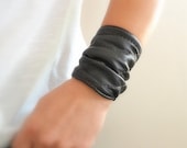 Black Leather Cuff  Bracelet Wrap Women