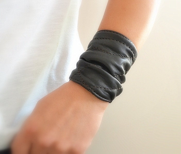 Black Leather Cuff  Bracelet Wrap Women