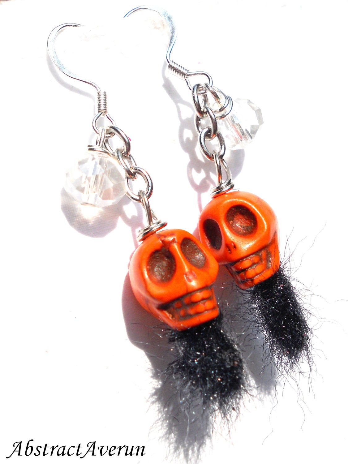 Skull Earrings - Halloween Earrings - Day of the Dead - Orange Magnesite Skull Beads, Chain, Dangle Fiber Earrings