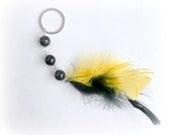 Stone Keychain, black onyx and  yellow black feather,  White Stripe Key Ring - anamarina