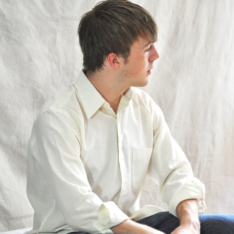 Mens Oxford Shirt Vintage Cream L/S Large Shirt  Pale Yellow 16/32-33 Homespunsociety - ArmorOfModernMen