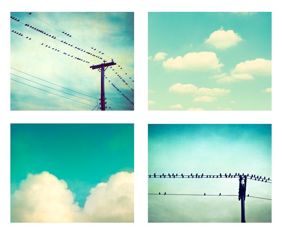 Photo Set - 4 8x10 Photographs - teal turquoise print set - aqua blue green mint photography - nursery wall print set - cloud bird on wire