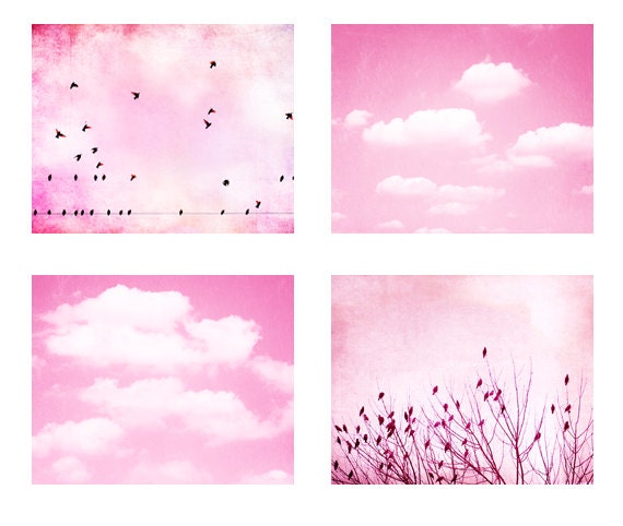 Pink Nursery Photography Set - baby girls room girly photo set clouds birds light pink white pastel bright wall art - Four 8x10 Photographs