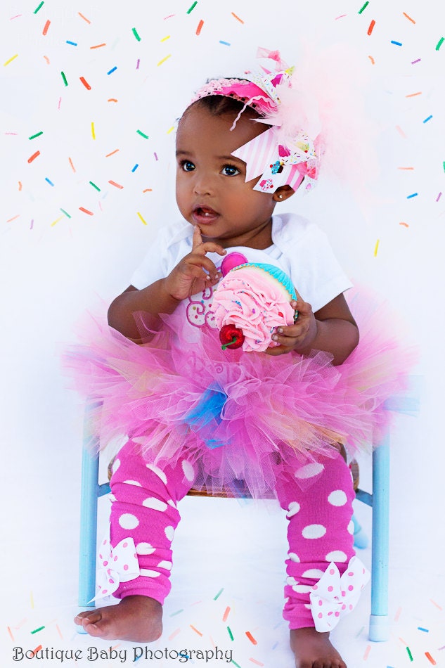 First Birthday Tutu Outfit  -- Cupcake Cutie -- bow, leg warmers, tutu and personalized onesie