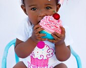 First Birthday Outfit  -- Cupcake Cutie -- Over The Top bow, leg warmers, and personalized onesie