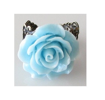 rose ring light blue flower ring, filigree ring, adjustable ring, soft blue jewelry, something blue
