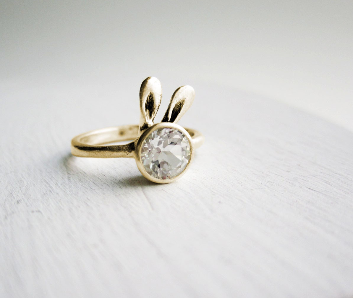 Golden Bunny Ring, 14K Yellow Gold and White Topaz - EveryBearJewel