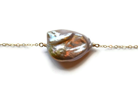 Focal Pearl Necklace, Rosy Platinum "Pondslime," Large Freshwater Keshi, Delicate 14k Gold Filled Chain