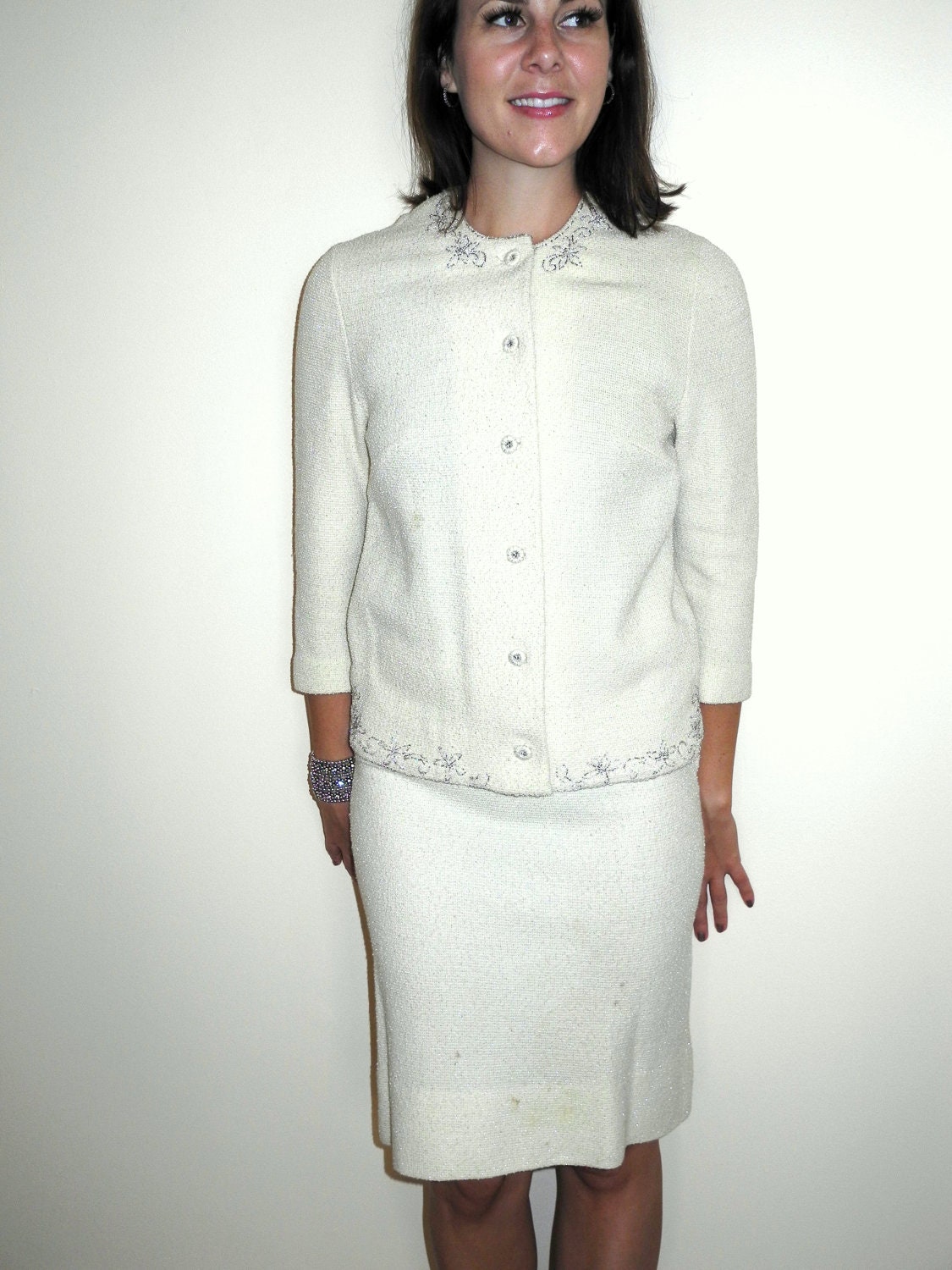 Vintage 50s 60s Cream BUTTE KNIT Beaded Sparkle Wool Skirt Suit Small S