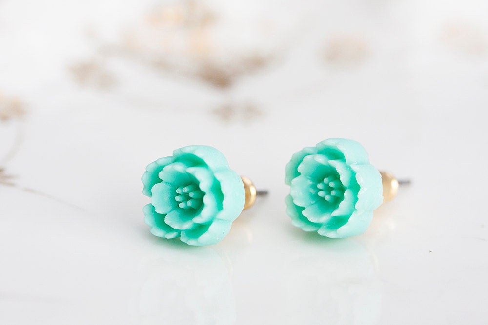 Mint Plum Flower Ear Studs Aquamarine Stud Earrings Turquoise Fresh Summer Flower Ear Posts - E156