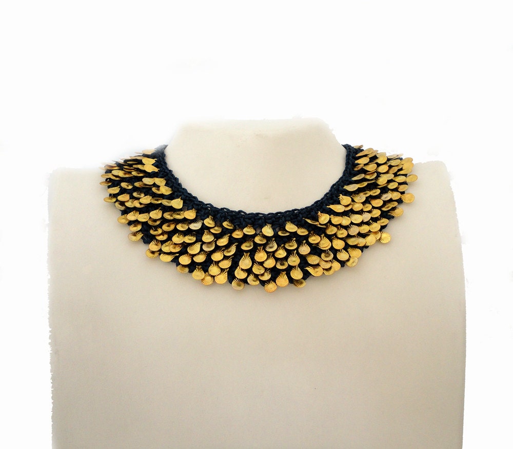 Navy Blue Gold Charms Fashion Knitted Collar Necklace