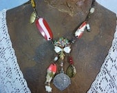 GONE FISHING lure and medal   vintage  assemblage necklace