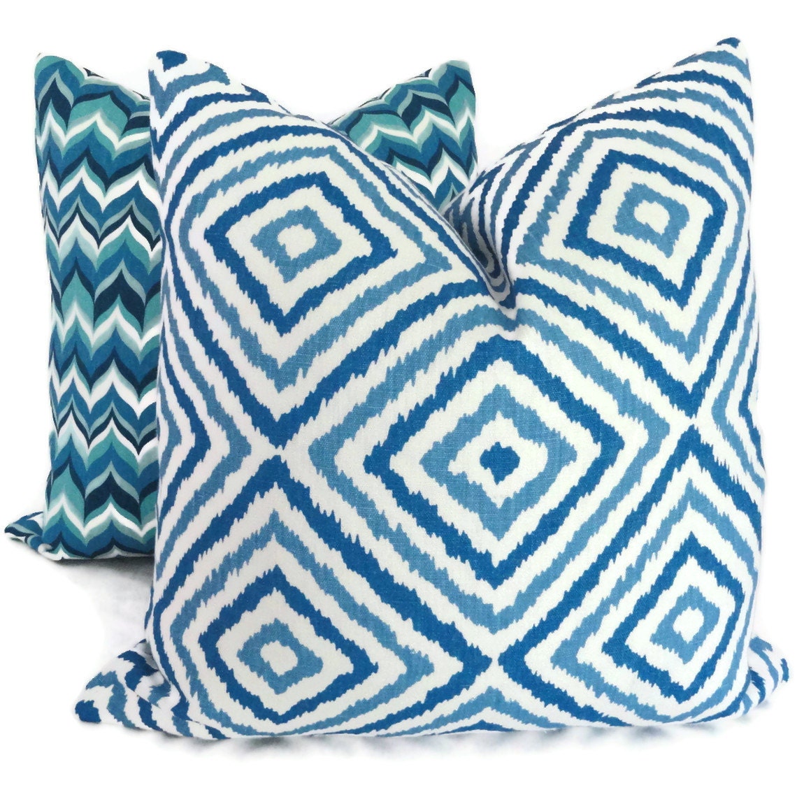 Jonathan Adler Blue and Turquoise Diamond Ikat Pillow Cover 18x18, 20x20, 22x22, 12x24 or 14x20 Throw Pillow, Accent Pillow