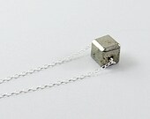 Sterling silver necklace: cube necklace, natural stone pyrite geometric, metallic industrial chic grey gray urban