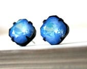 White Opal Star Shine Swarovski Crystals, Cushion Cut, Square, Dark Oxidized Brass, Fall Fashion, Blue, Stud Earrings