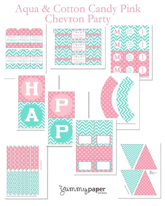 Aqua and Cotton Candy Pink Chevron, Printable Party Package - Coordinating Colors - Personalized DIY Party Printables .. acp01 Il_570xn