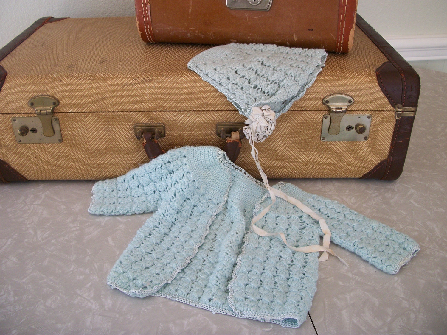 Vintage Hand Crocheted Baby Sweater and Bonnet Set in Blue Baby Doll Sweater Set - TwoCrazyHearts