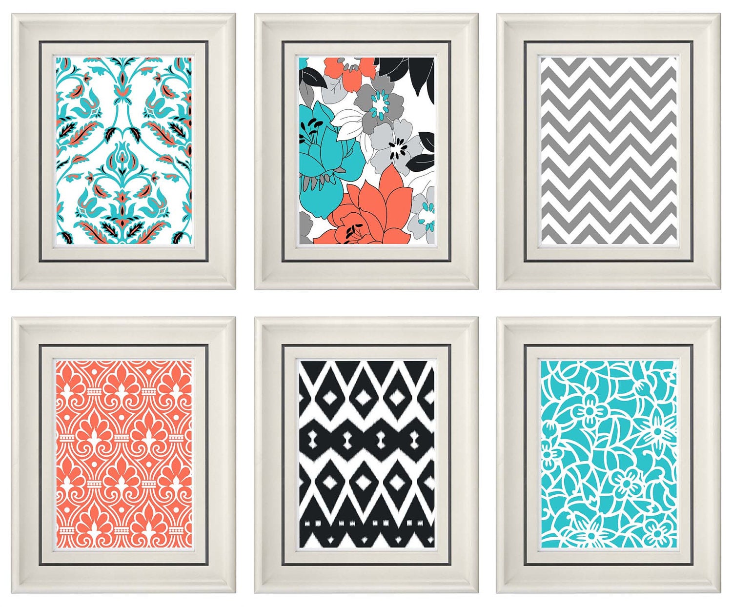 Set of Six Modern/Vintage Coral/Turquoise Wall Art - Print Set - Home Decor- Gift (Unframed)
