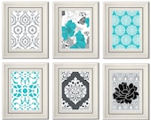 Set of Six Modern/Vintage Turquoise/Gray Wall Art - 8x11 Print Set - Home Decor - For Home (Unframed)
