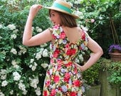 90s garden party black green red floral summer belted dress
