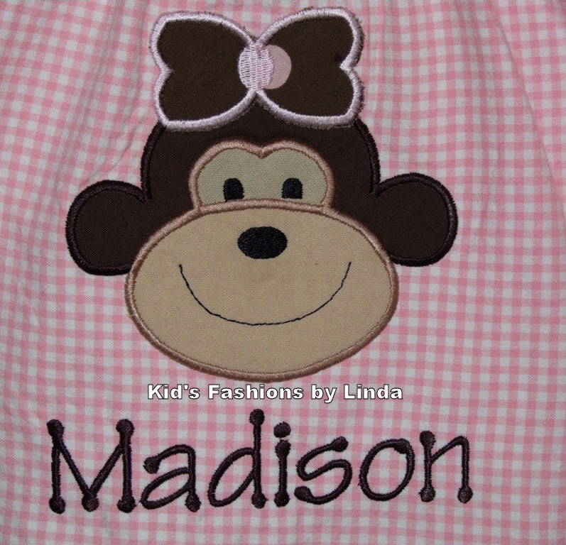 Personalized Pink Gingham/Brown Pink Dots Round Neck Monkey Shirt