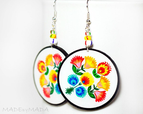Folk Flowers polish folk art motif Earrings Round and Colorful white orange blue green, gift under 25 (C6)