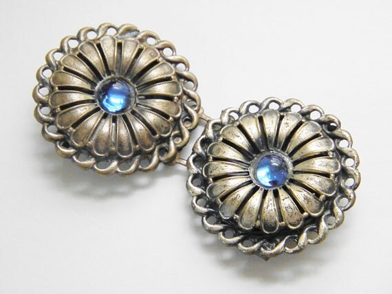 Vintage Blue Cabochon Belt Sash Buckle, 40s