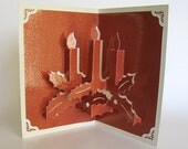 Christmas Candles 3D Pop Up Greeting Card Home Décor Handmade Hand Cut Origamic Architecture in Brown Copper and Shimmery Metallic Sand.