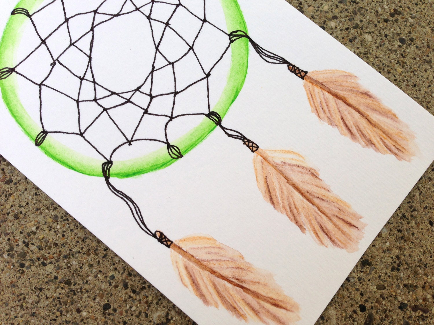 Lime Green Dreamcatcher: Original Watercolor & Ink Illustration 4"x6"