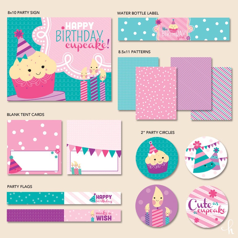 Cute as a Cupcake Birthday - "The Essentials" PRINTABLE Collection (Pink Teal Purple)