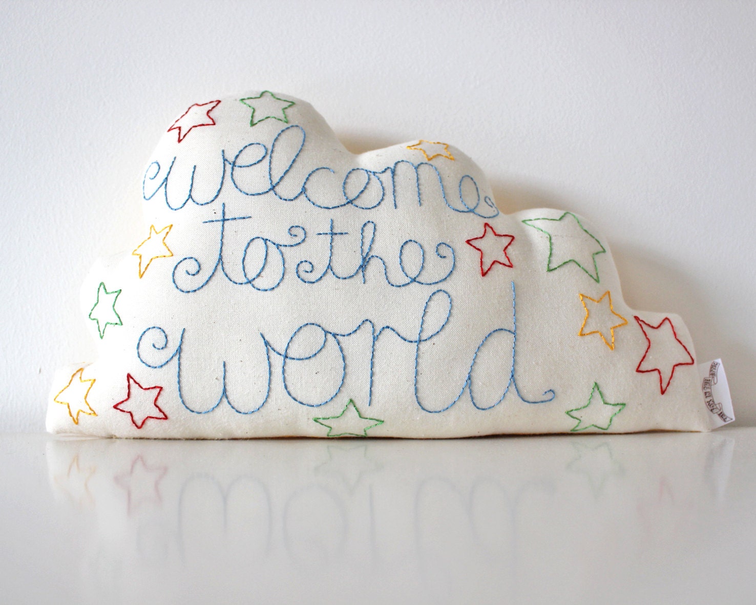 Cloud Cushion Hand Embroidered with Welcome to the World Small Made to Order