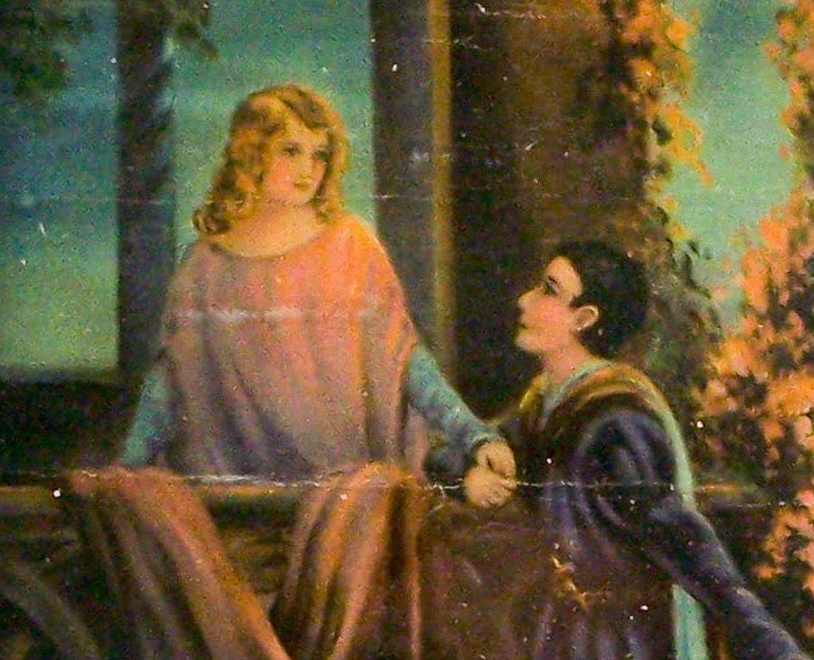 Vintage Framed Print In Mint Green Wood Frame Romeo and Juliet