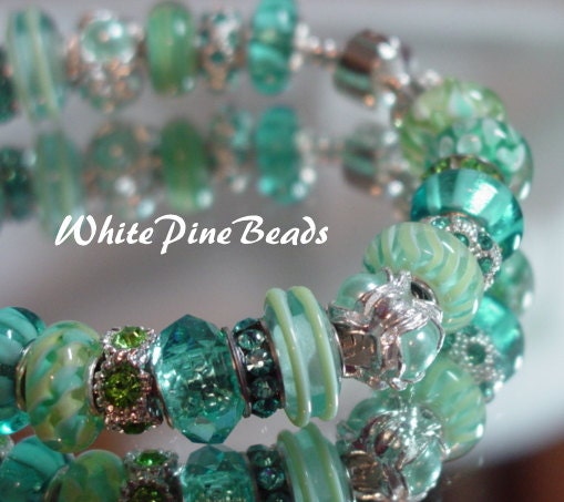 European Style Charm  Bracelet Aqua Blue Handmade  with Murano Glass Lampwork Beads