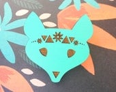 Summer Love Fox Brooch - Hand Painted Wooden Laser Cut - Mint Turquoise