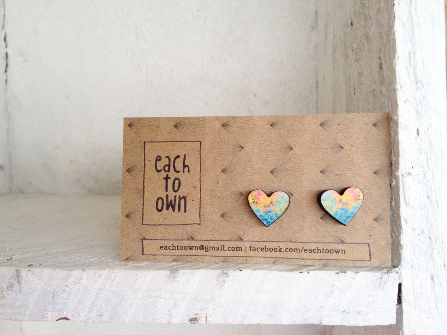 Summer Pixel Heart Studs - Laser Cut Wood with Paper  - Green Pink Blue Yellow