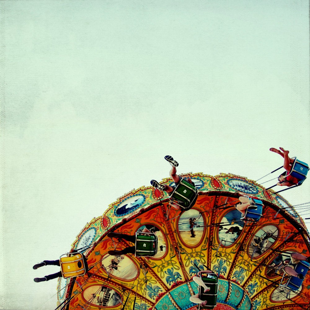 carnival photograph,  nursery print, carnival photograph, swings, aqua, orange, yellow, vintage, santa cruz art - Flight I, 20x20 photograph