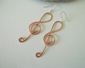 Handmade Music treble clef copper earrings ,sterling silver ear wires .