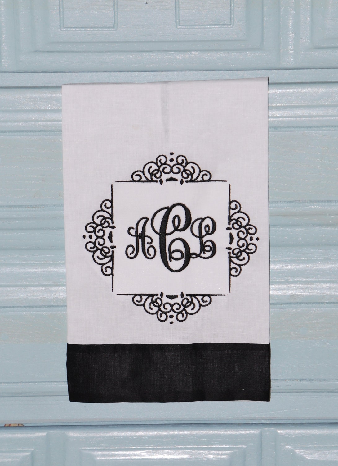 Custom Boutique Monogrammed Personalized Embroidered Fancy Scroll Monogram Frame Kitchen Linen Tea Towel