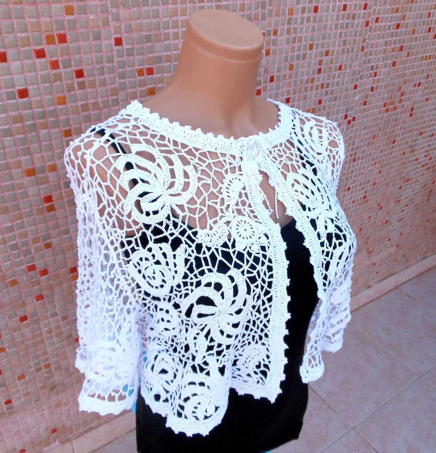Irish Crochet White Bridal Bolero OOAK