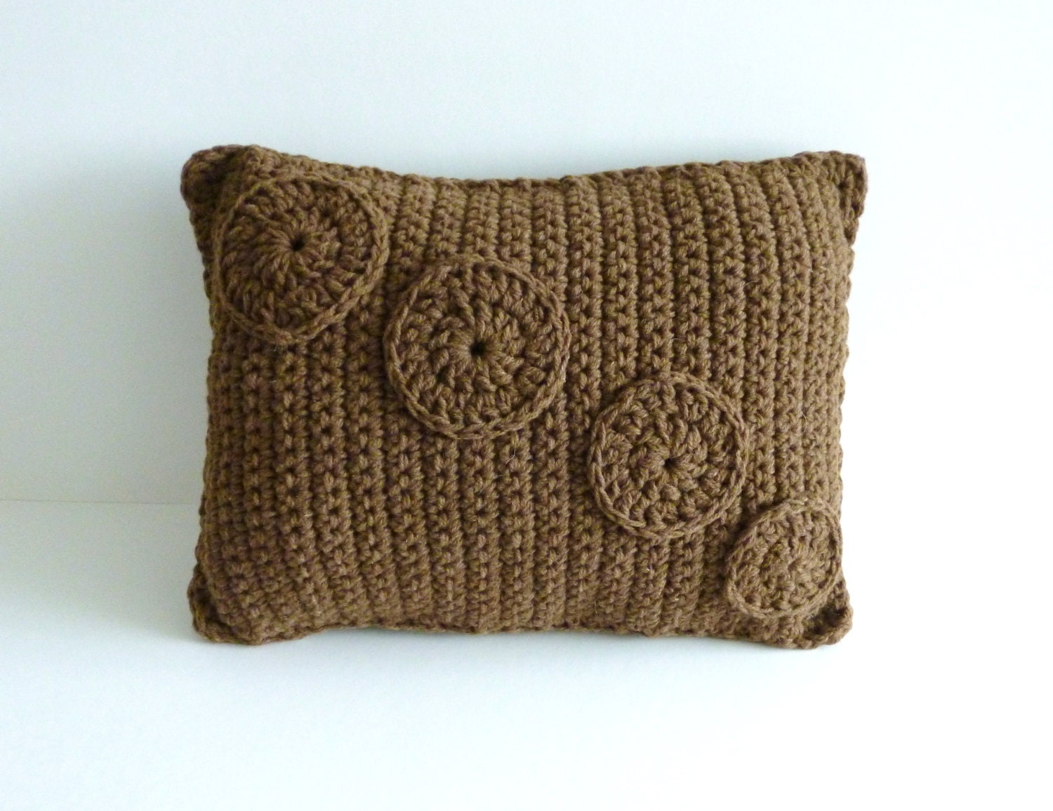 Chocolate brown crochet pillow - circles - virgin Manx wool - eco friendly undyed wool -  rustic