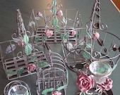 6 piece metal  basket and candle holder set-Weddings-home decor-shabby chic-pink rose-cottage-romantic.