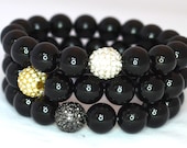 Mixed Metals - Black Onyx Semi Precious Gemstone Beaded Bracelets with Gold, Gunmetal and Silver Pave Rhinestones - Set of 3