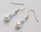 blue crystal and pearl earrings - ivory white freshwater round pearl and powder blue Swarovski crystal silver fish hook