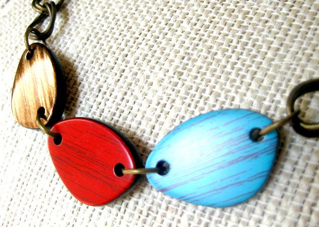 Jewelry Modern Boho Necklace - Brass necklace with faux wood charms - Graduation Gifts