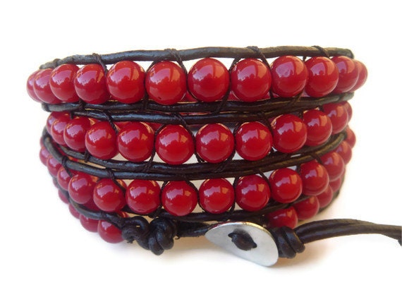 Chan luu inspired beaded leather wrap bracelet .Red Coral Leather Wrap Bracelet