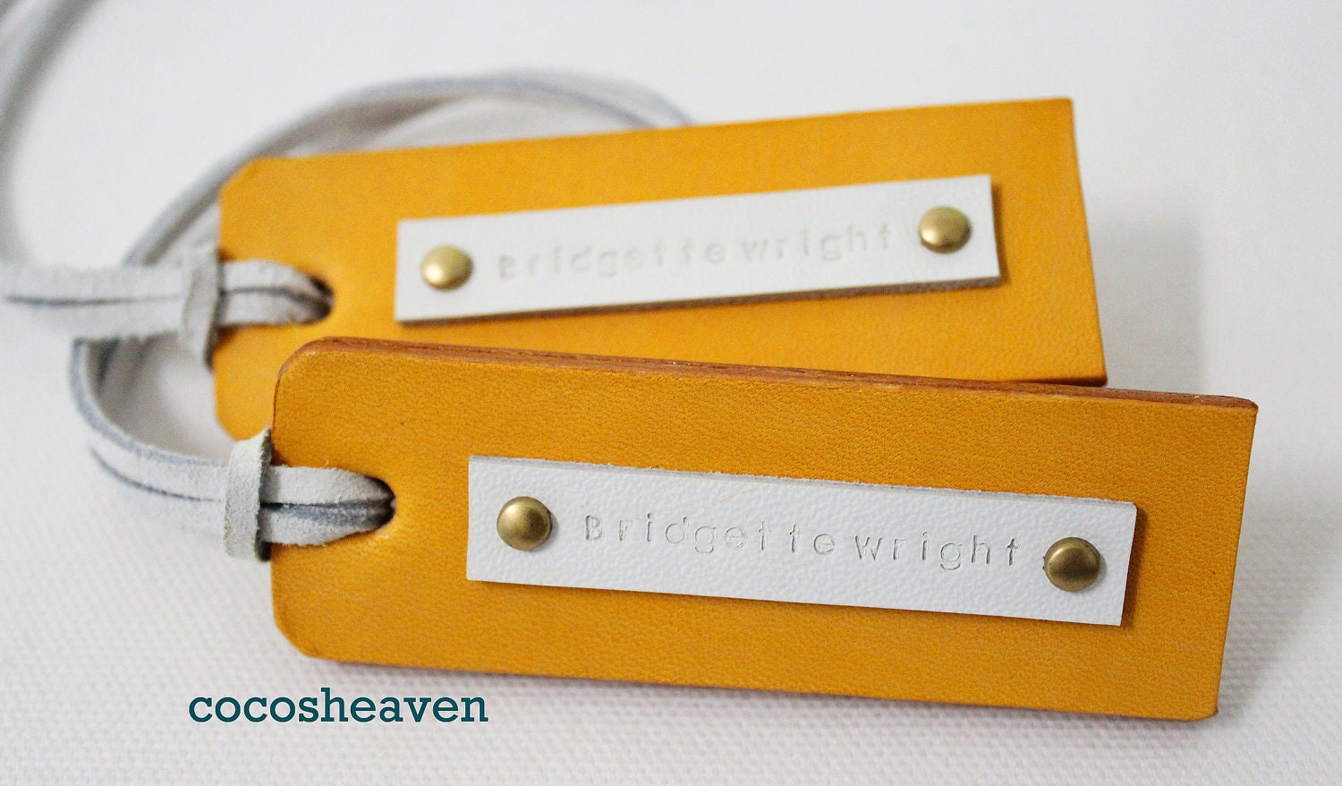 Custom Leather Luggage Tag  - Yellow Double Sided (Set of 2) - For Her - Perfect Gift for Birthday, Wedding, or Anniversary