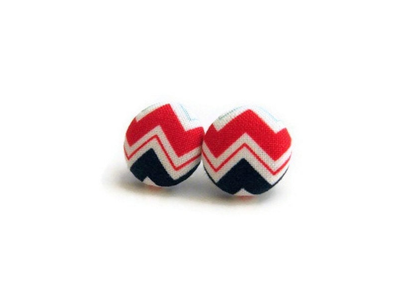 Red Blue Chevron Button Earrings Geometric Button Earrings Modern Stud Earrings