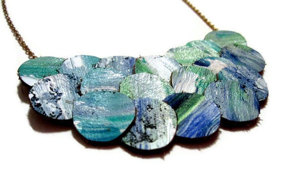 Turquoise Leather Statement Necklace, Bib Necklace, Painted Necklace