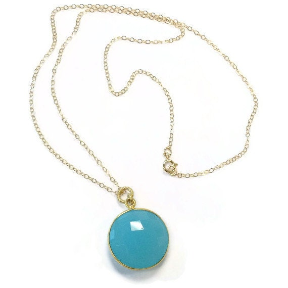 Teal Blue Necklace Gold Jewelry Chalcedony Gemstone Jewellery Modern Drop Pendant Aqua Chain Fashion Turquoise N-322 323 324